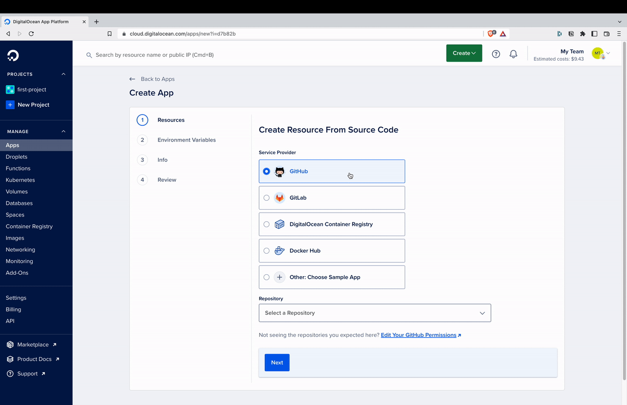 Allow DigitalOcean Permission to your GitHub Repo