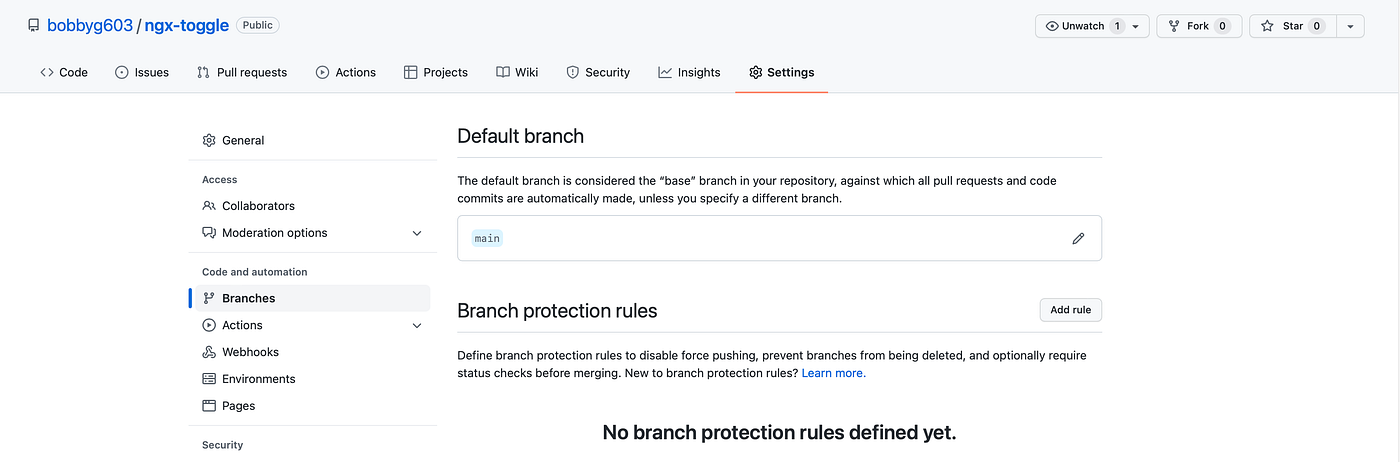 GitHub Repo Branch Settings Menu