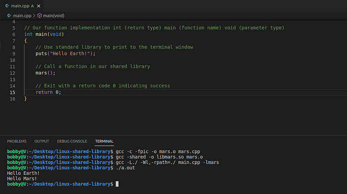 Full output from compiling and running our shared library