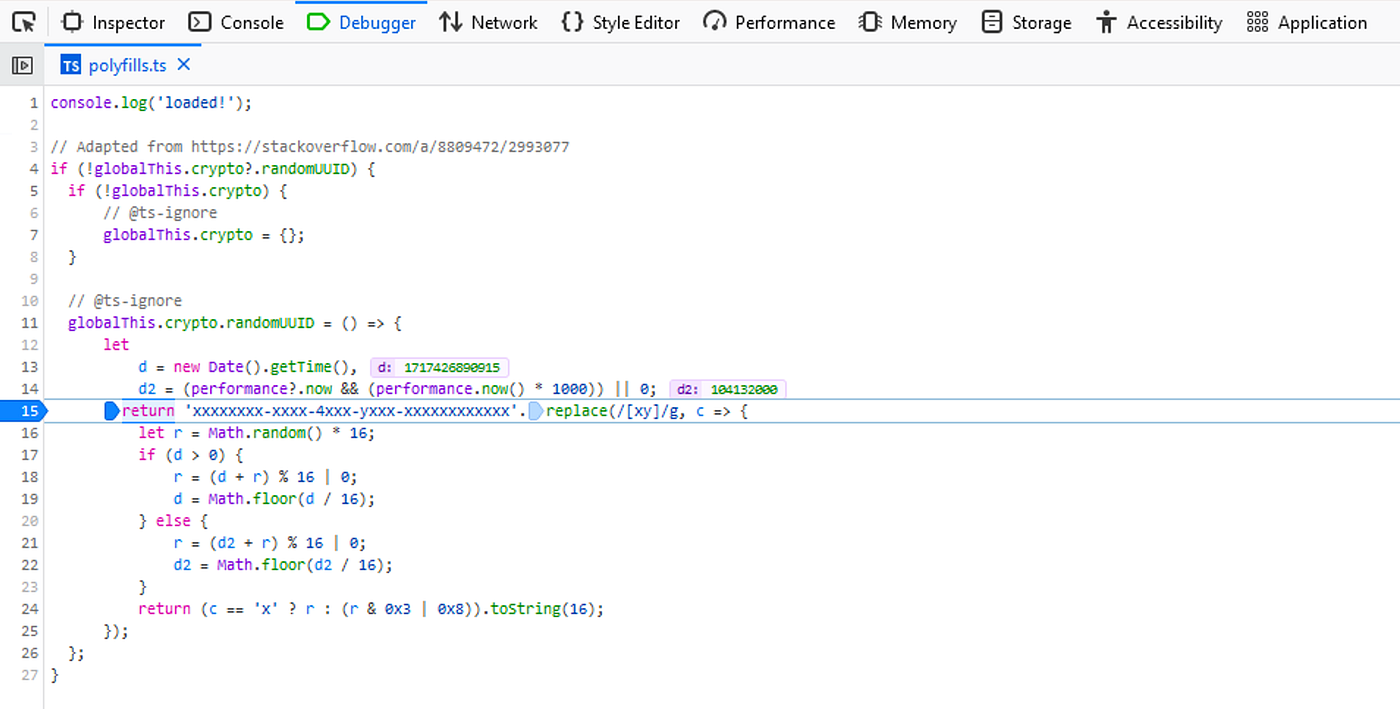 Hitting a Breakpoint in polyfills.ts in Firefox 93